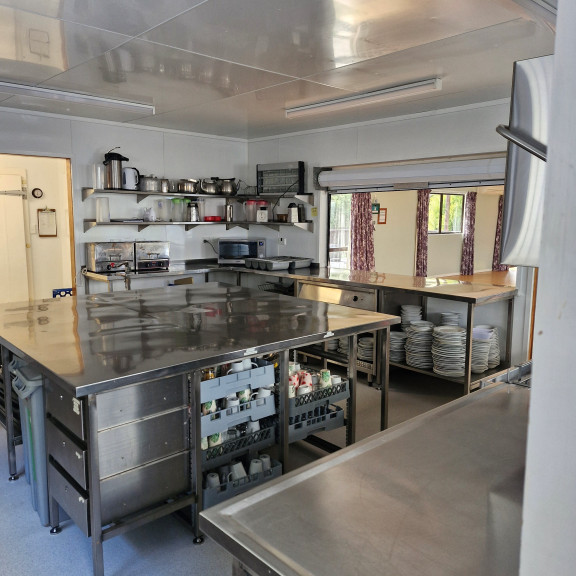 The central island in the large commercial kitchen