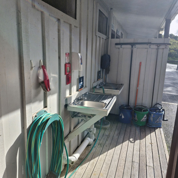 Plenty of room outside with sinks for cleaning your gear